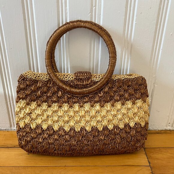 Vintage Two-Tone Lined Straw Bag With Circular Handle - Picture 2 of 6